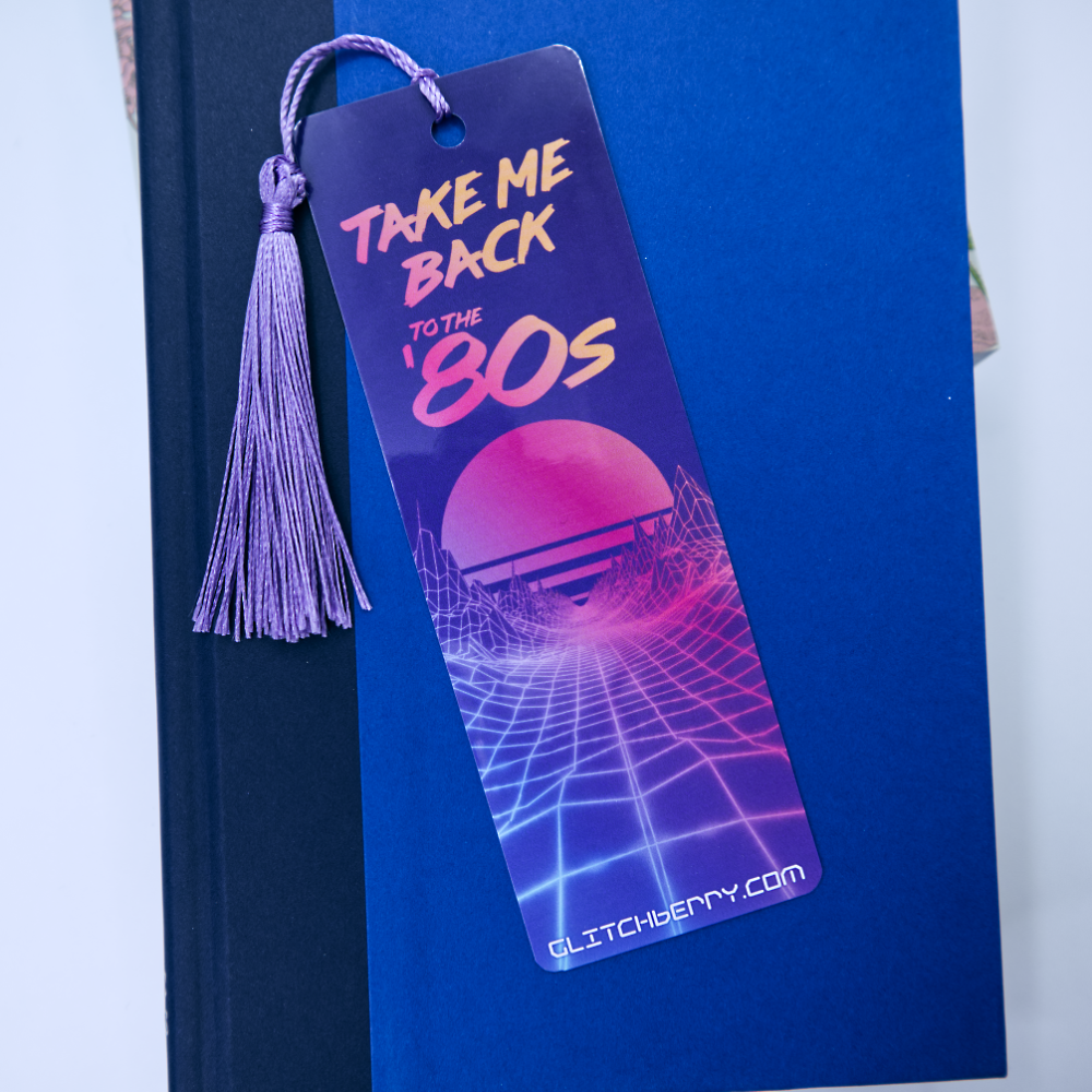 Bookmark with 'Take Me Back to the 80s' text and retro design on a blue background