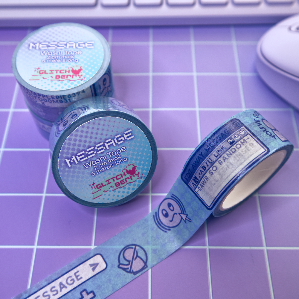 Rolls of blue washi tape with text and instant messenger graphics on a purple grid background