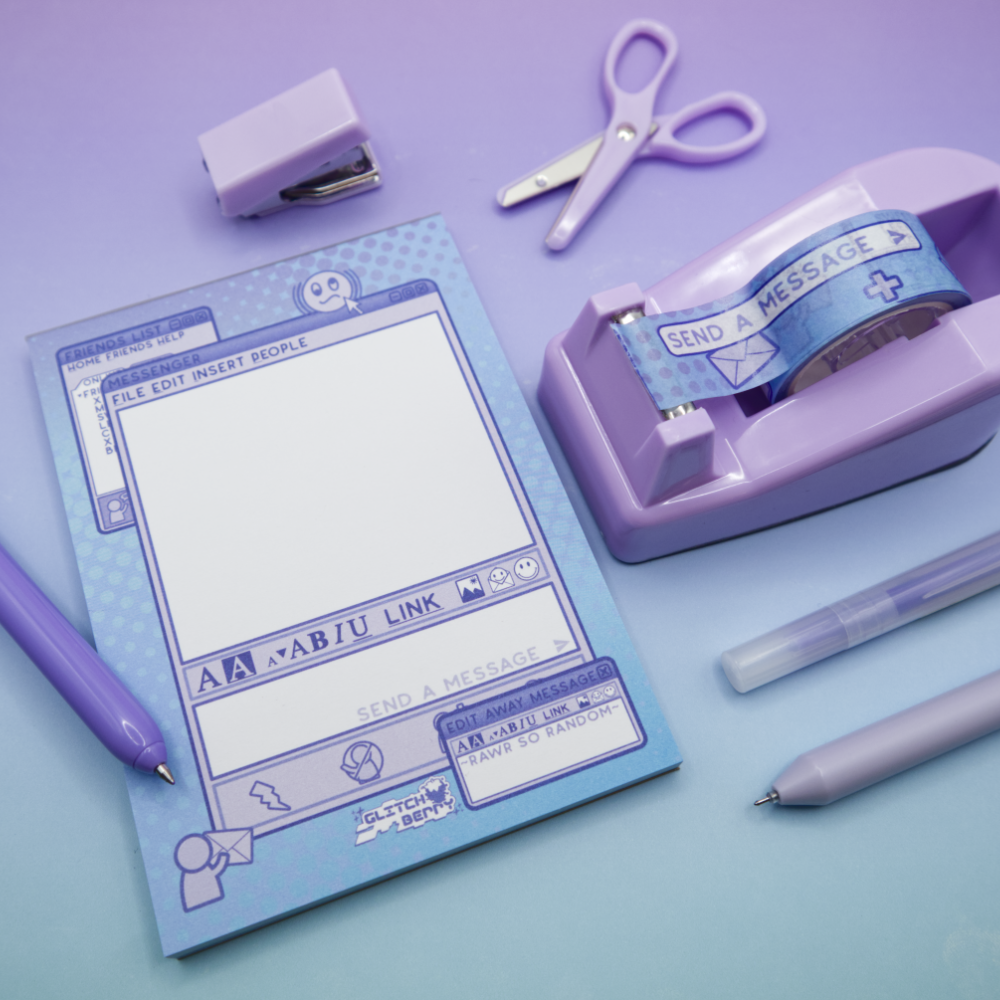 Instant messenger themed stationery items including a notepad and washi tape on a purple background