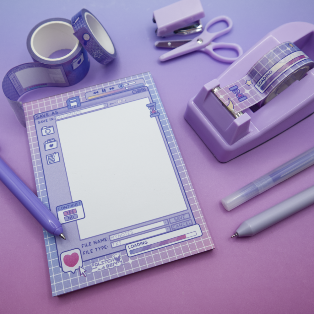 Purple stationery items including a notebook, washi tape, and pens on a purple background