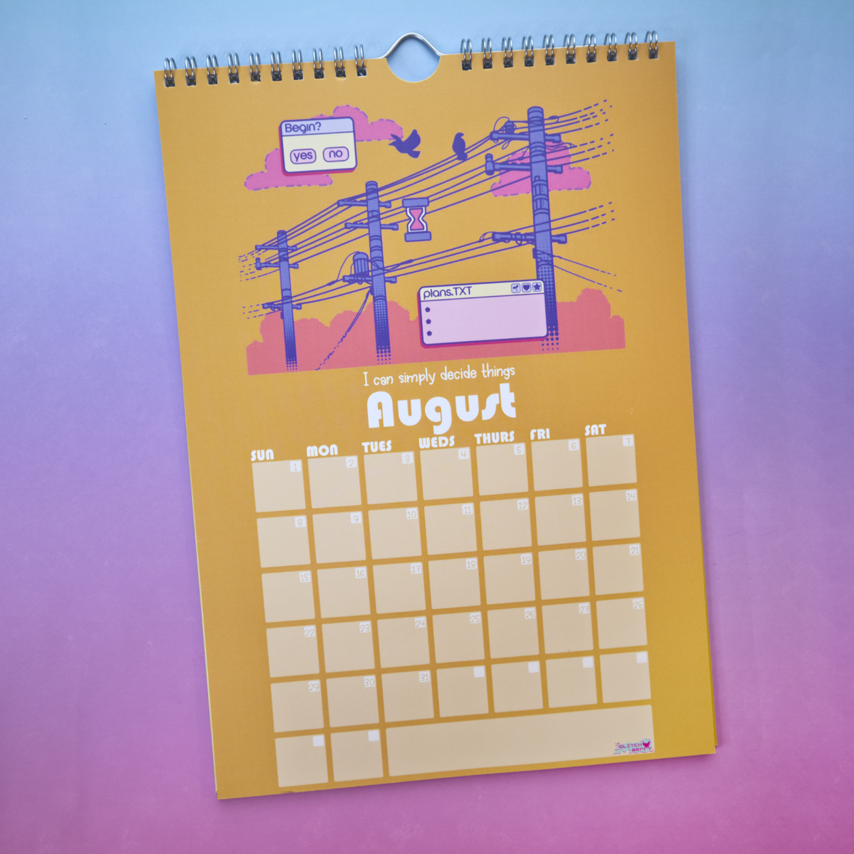A spiral-bound 2027 wall calendar open to August's page, a warm yellow-orange illustration of power lines and birds, and blank grid boxes for daily planning.