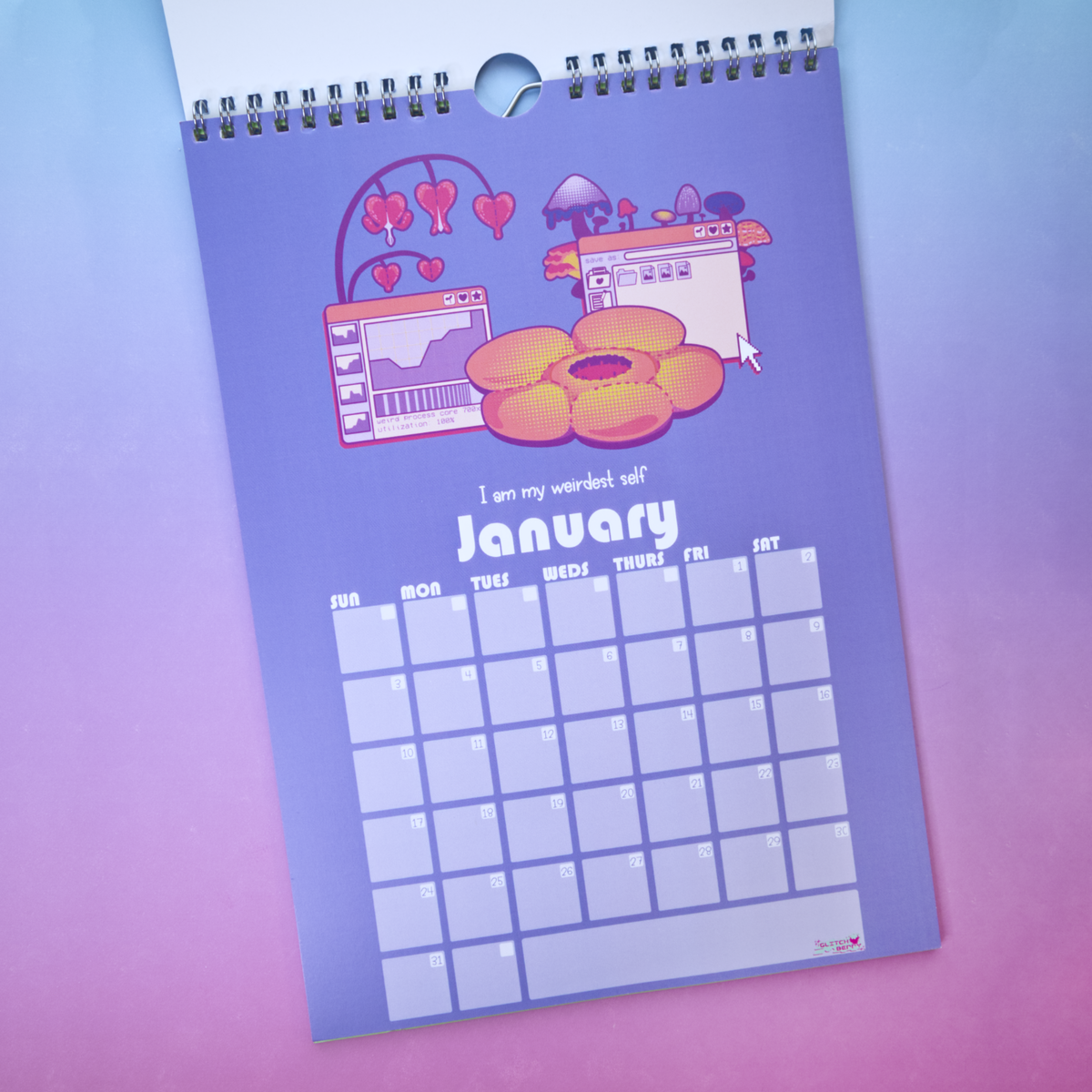 A spiral-bound 2027 wall calendar open to January's page, with an illustration of orange and red flowers and mushrooms against a purple background, and blank grid boxes for daily planning.