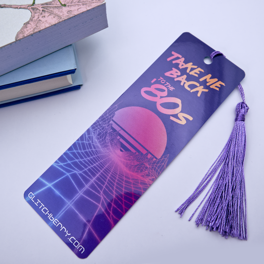 Bookmark with 'Take Me Back to the 80s' design and tassel on a white background