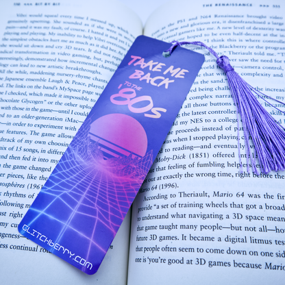 Bookmark with 'Take Me Back to the 80s' design on an open book
