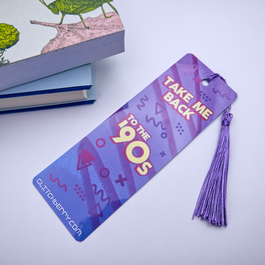 Purple bookmark with tassel and text 'Take Me Back to the 90s' on a light background