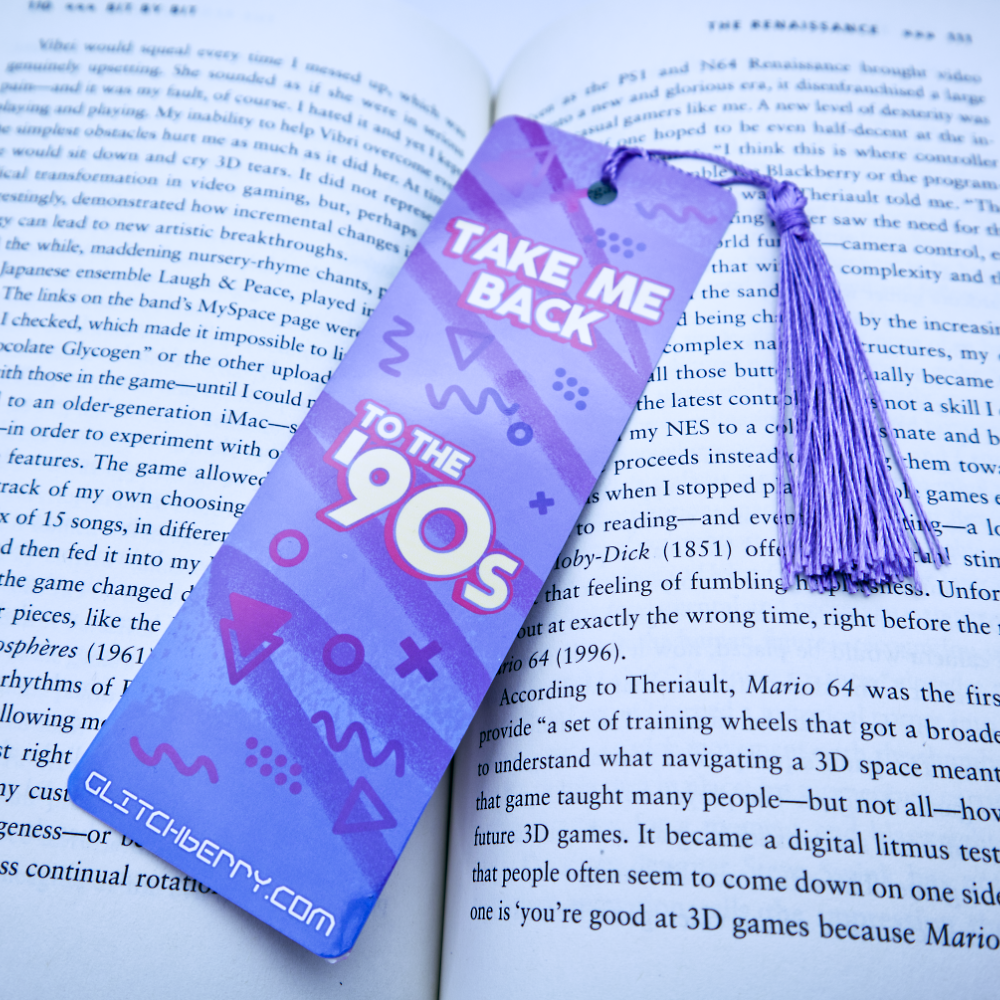 Purple bookmark with 'Take Me Back to the 90s' text on an open book
