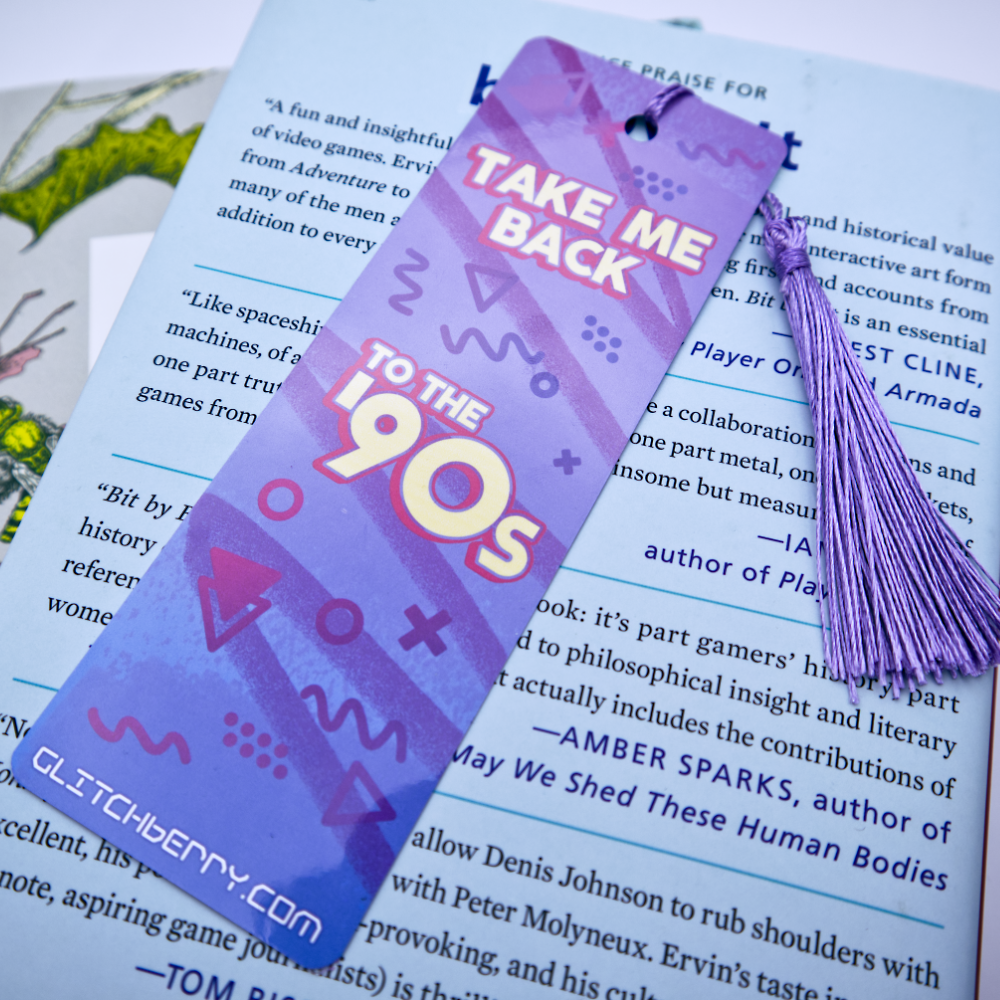 Purple bookmark with 'Take Me Back to the 90s' text on a book page.