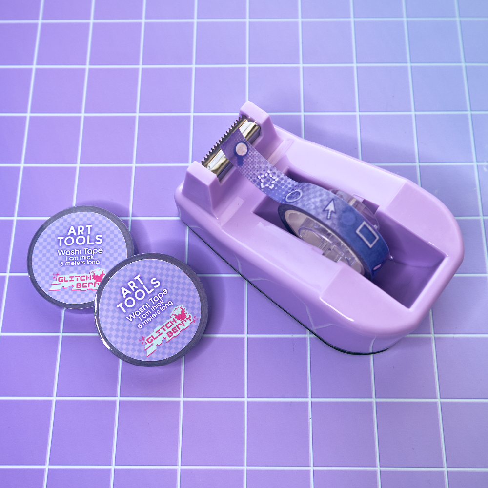 Purple tape dispenser with wash tape on a purple grid background