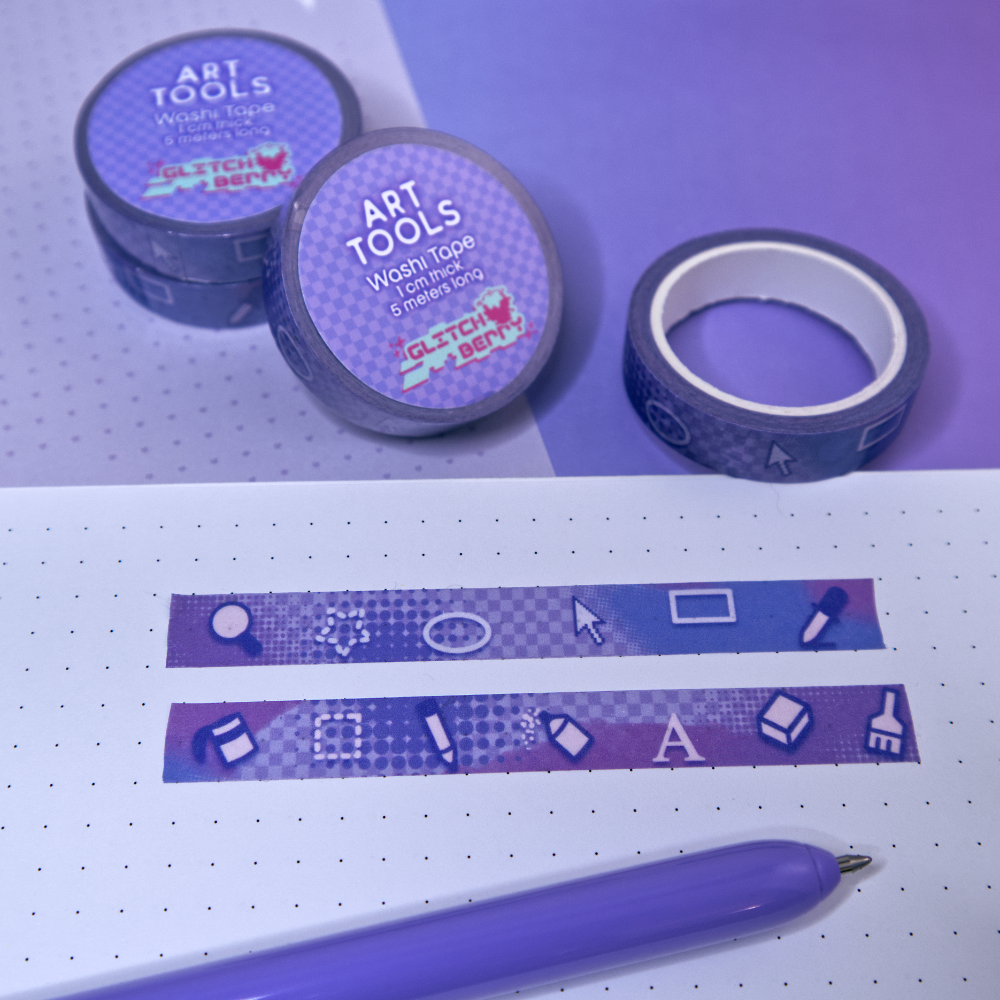 Purple washi tape art tool icons on a purple background