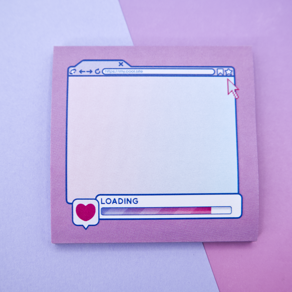 Pink sticky note pad with an internet browser loading screen design on a pink and purple background