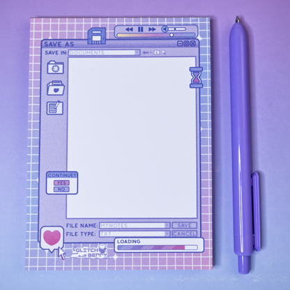 Notebook with retro computer interface design on a purple background, accompanied by a matching pen.