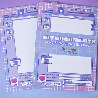 Notebook with retro computer interface design on a purple background