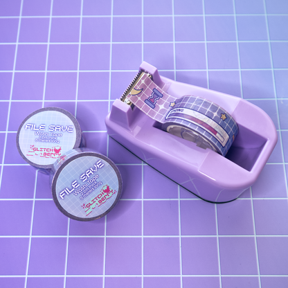 Purple tape dispenser with a roll of celestial computer-themed tape on a purple grid background
