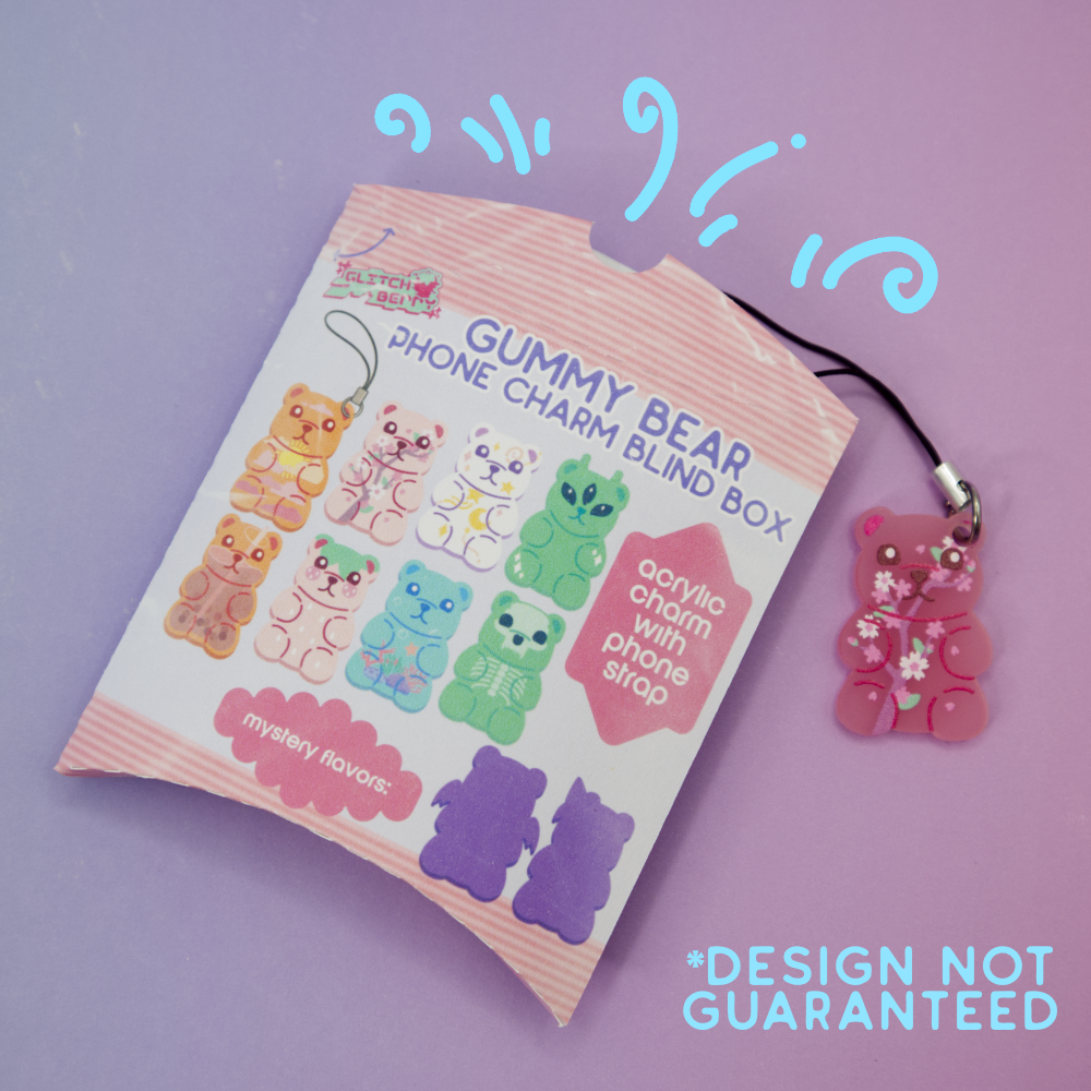 Gummy bear phone charm blind box with a pink charm on a purple background