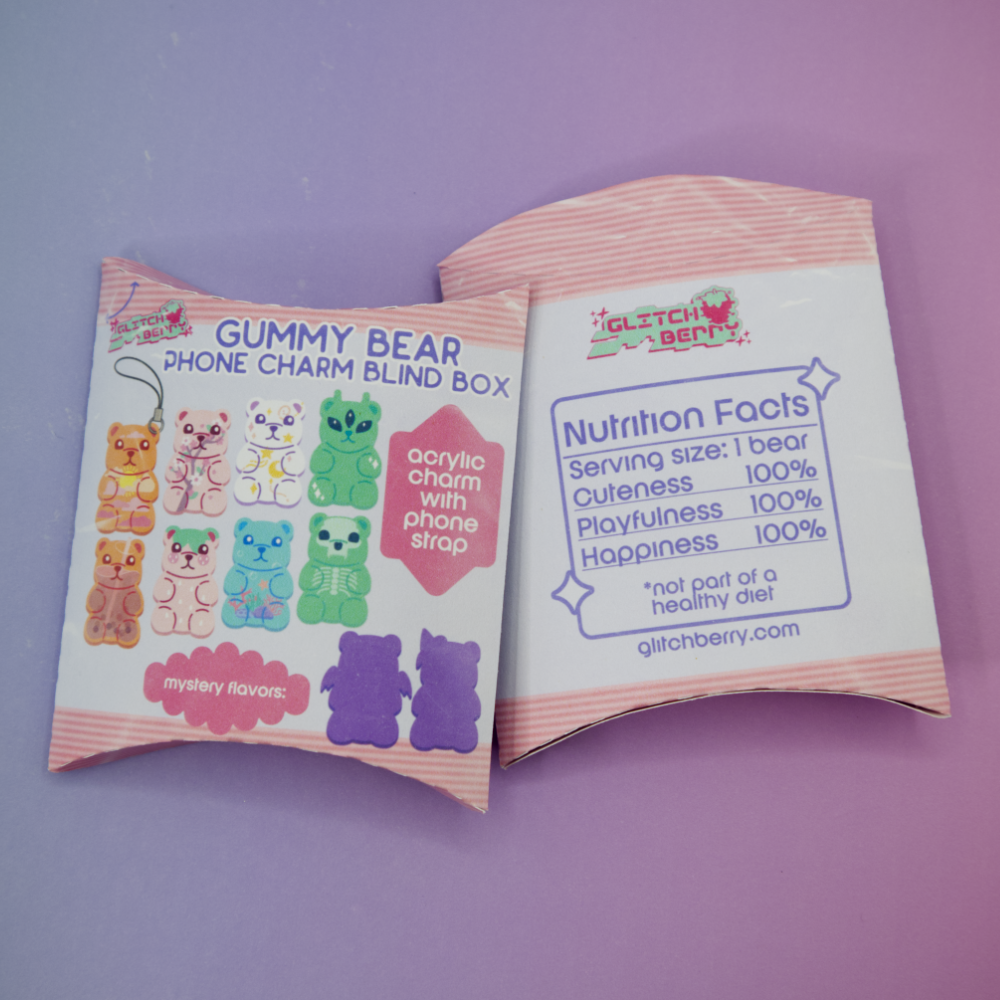 Gummy bear phone charm blind box with nutrition facts label on a purple background