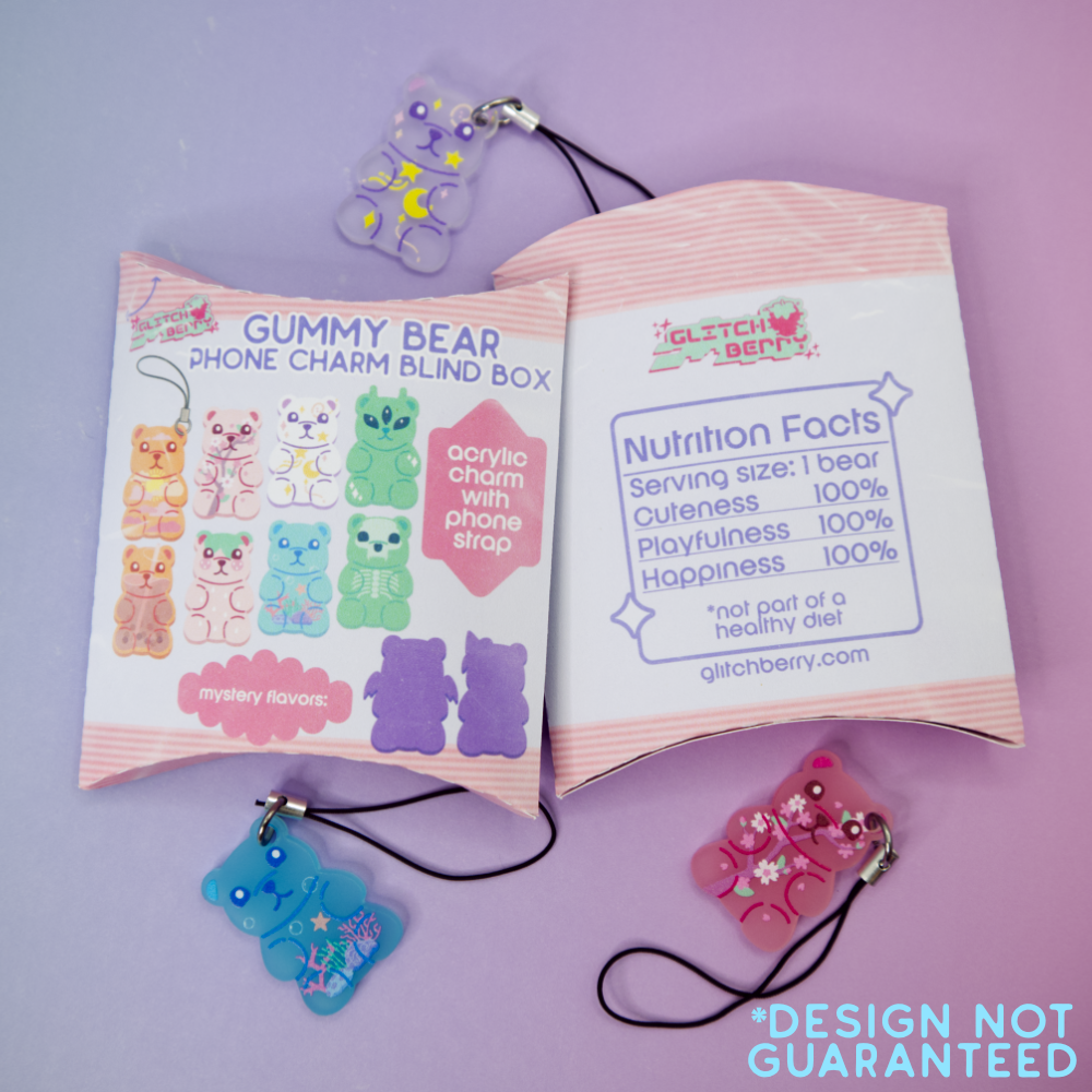 Gummy bear phone charm blind box, showing front and back with all available designs and "nutrition facts" on the box, with three charms, a clear starry bear, a blue underwater bear, and a pink sakura bear, on a purple background