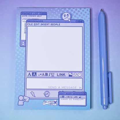 Notepad with an instant messenger themed design and a pen on a purple background