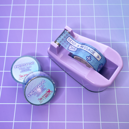 Purple tape dispenser with blue washi tape containing instant messenger icons and text designs on a purple grid background.