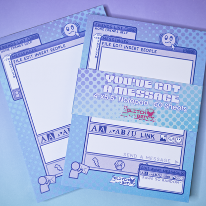 Notepad with retro instant messenger themed design on a purple background