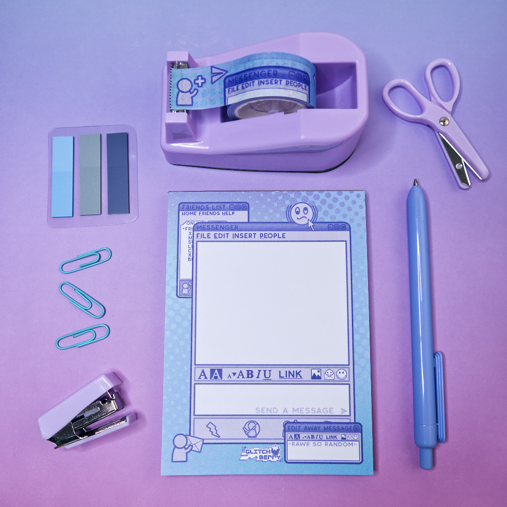 Stationery items including an instant messenger themed notebook, a tape dispenser, scissors, pen, paper clips, and a stapler on a purple background.