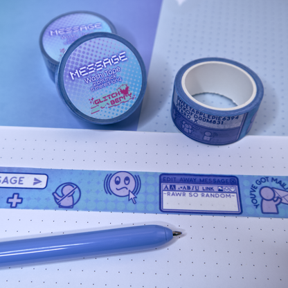 Blue washi tape with text and instant messenger icons on a white background with a pen resting below