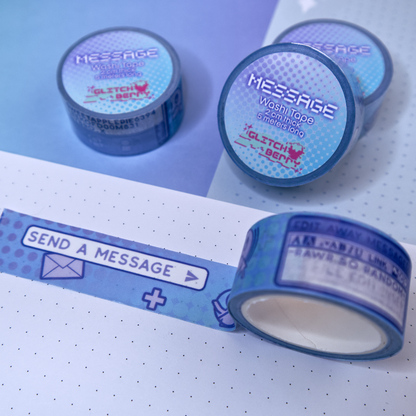 Blue washi tape with instant messenger text and icons on a white background