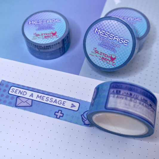 Blue washi tape with instant messenger text and icons on a white background