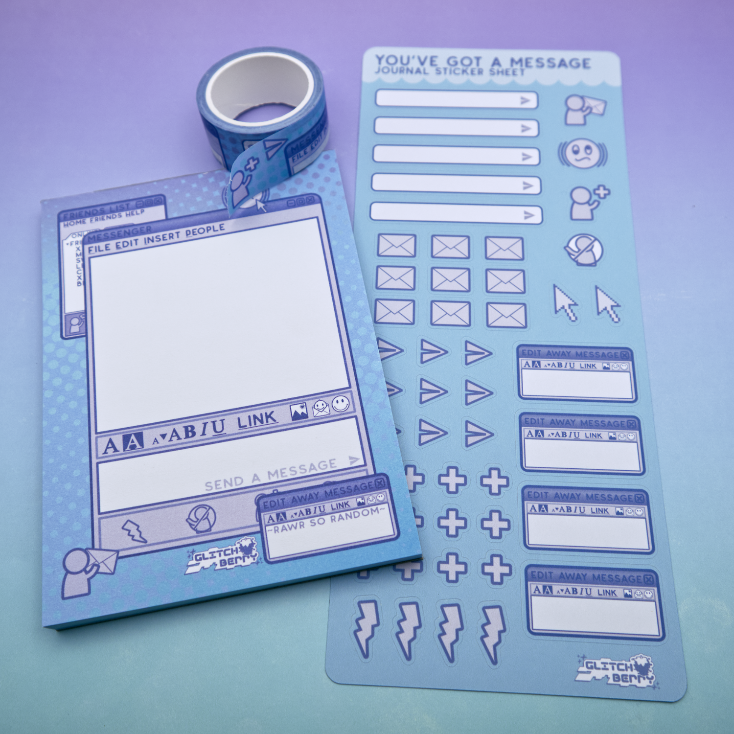Blue instant messenger themed stationery set with a notepad, washi tape, and sticker sheet on a purple background