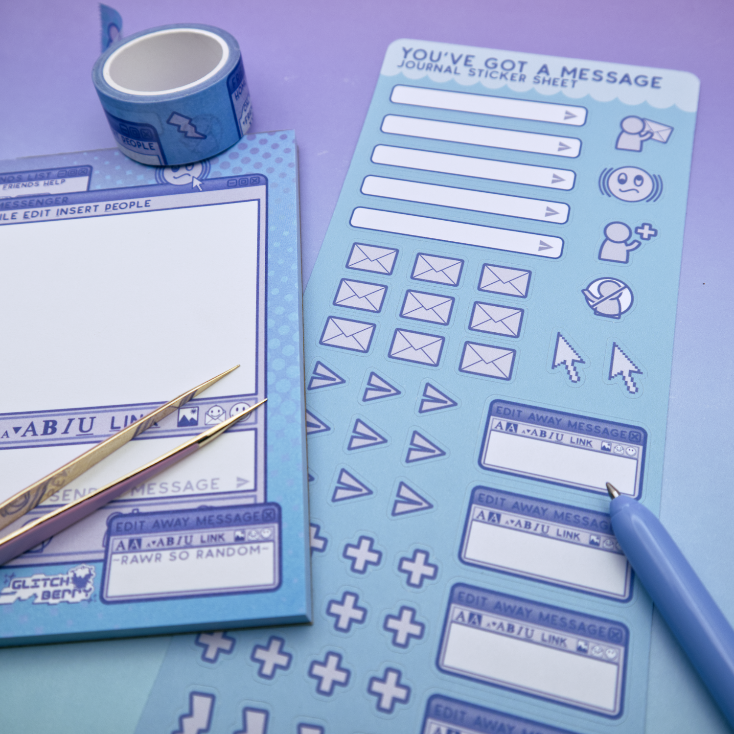 Blue instant messenger themed stationery items including a memo pad, stickers, and tape on a purple background