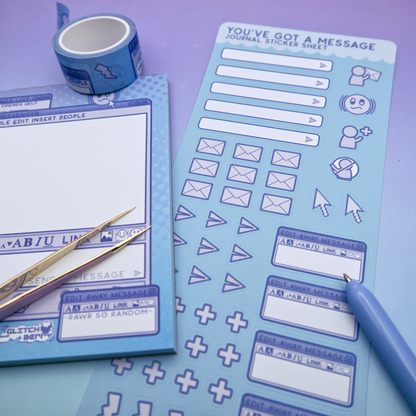 Blue instant messenger themed stationery items including a memo pad, stickers, and tape on a purple background