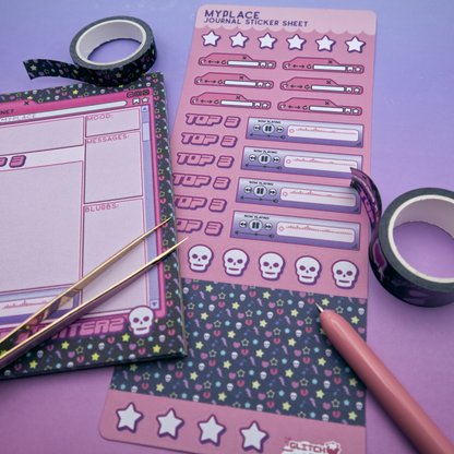 Pink emo-themed sticker sheet with stationery items including notepad and washi tape on a purple background