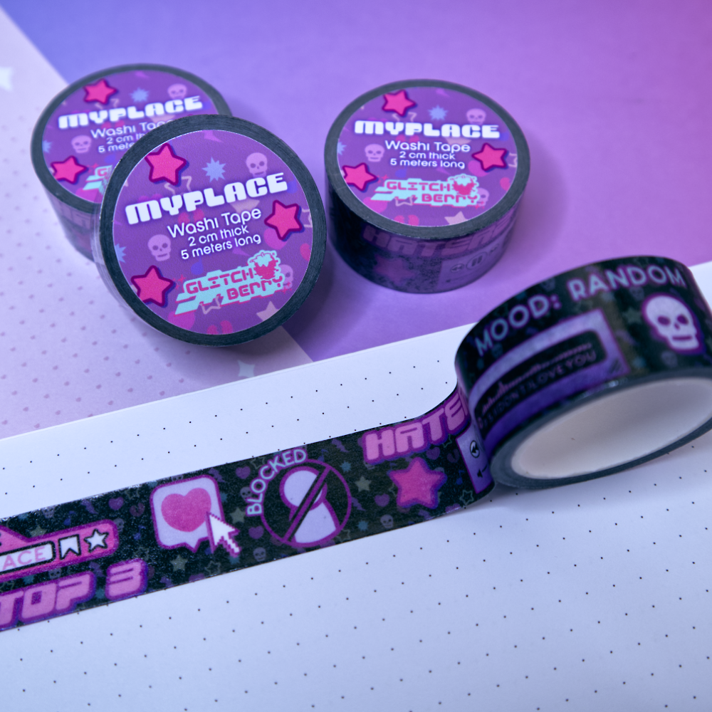 Black emo-theme patterned washi tape with decorative designs reminiscent of early social profile pages on a white surface