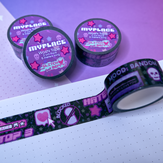 Black emo-theme patterned washi tape with decorative designs reminiscent of early social profile pages on a white surface