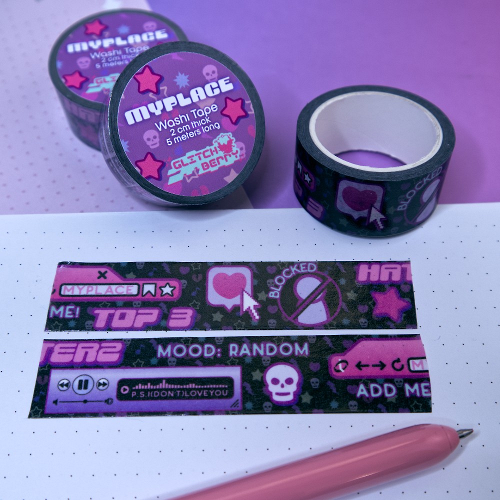 Black emo-theme patterned washi tape with decorative designs reminiscent of early social profile pages on a white surface with a pink pen.
