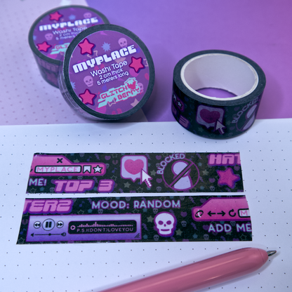 Black emo-theme patterned washi tape with decorative designs reminiscent of early social profile pages on a white surface with a pink pen.
