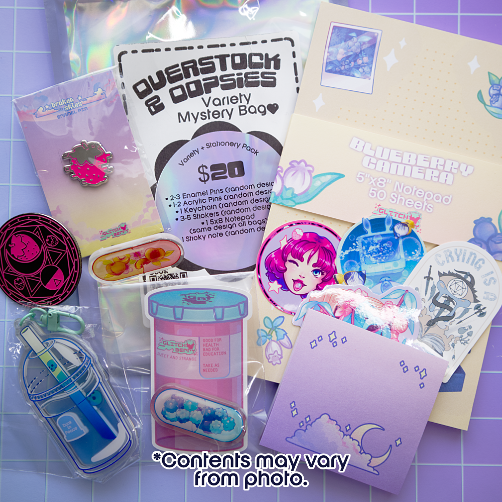 Collection of items in a mystery bag, including stickers, a notepad, a sticky note pad, pins, and a keychain on a purple grid background.