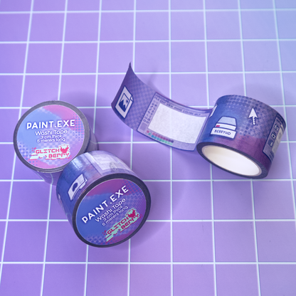 Three of 'PAINT.EXE' computer-themed washi tape on a purple grid background
