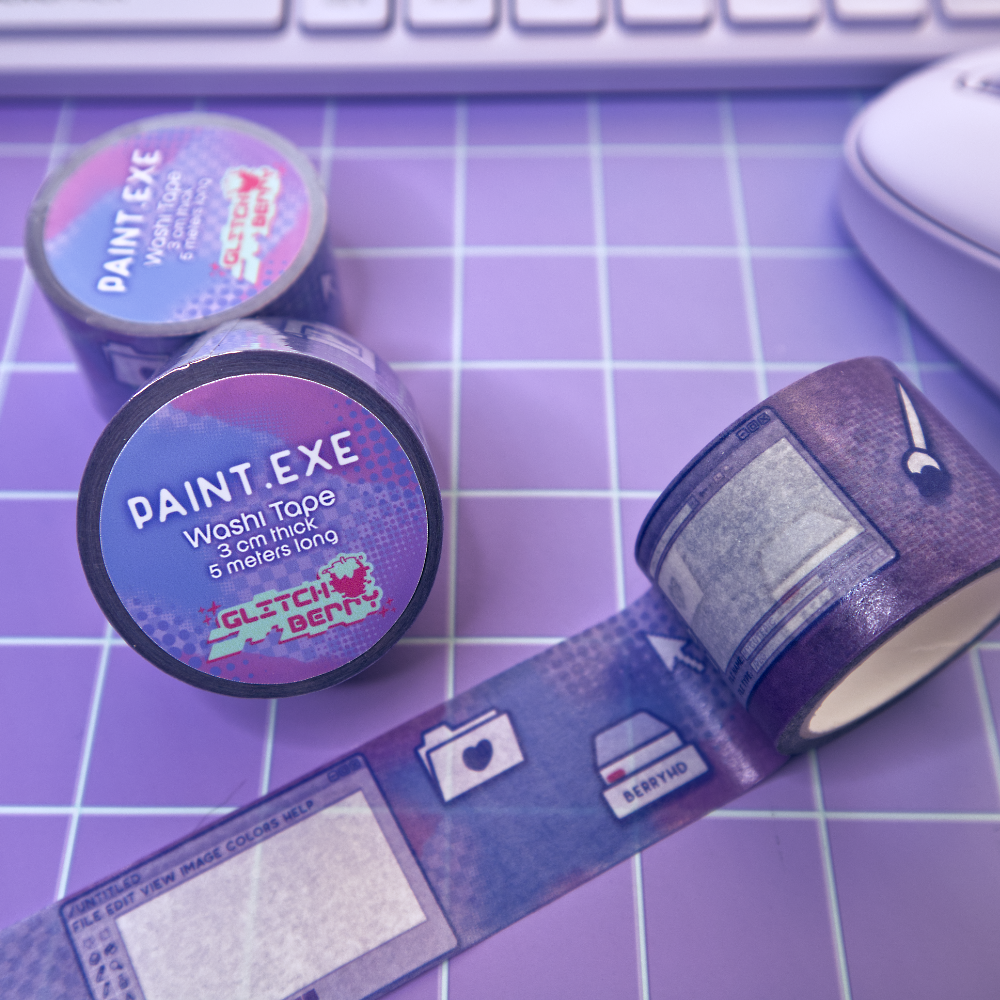 PAINT.EXE washi tape with digital painting designs on a purple grid background