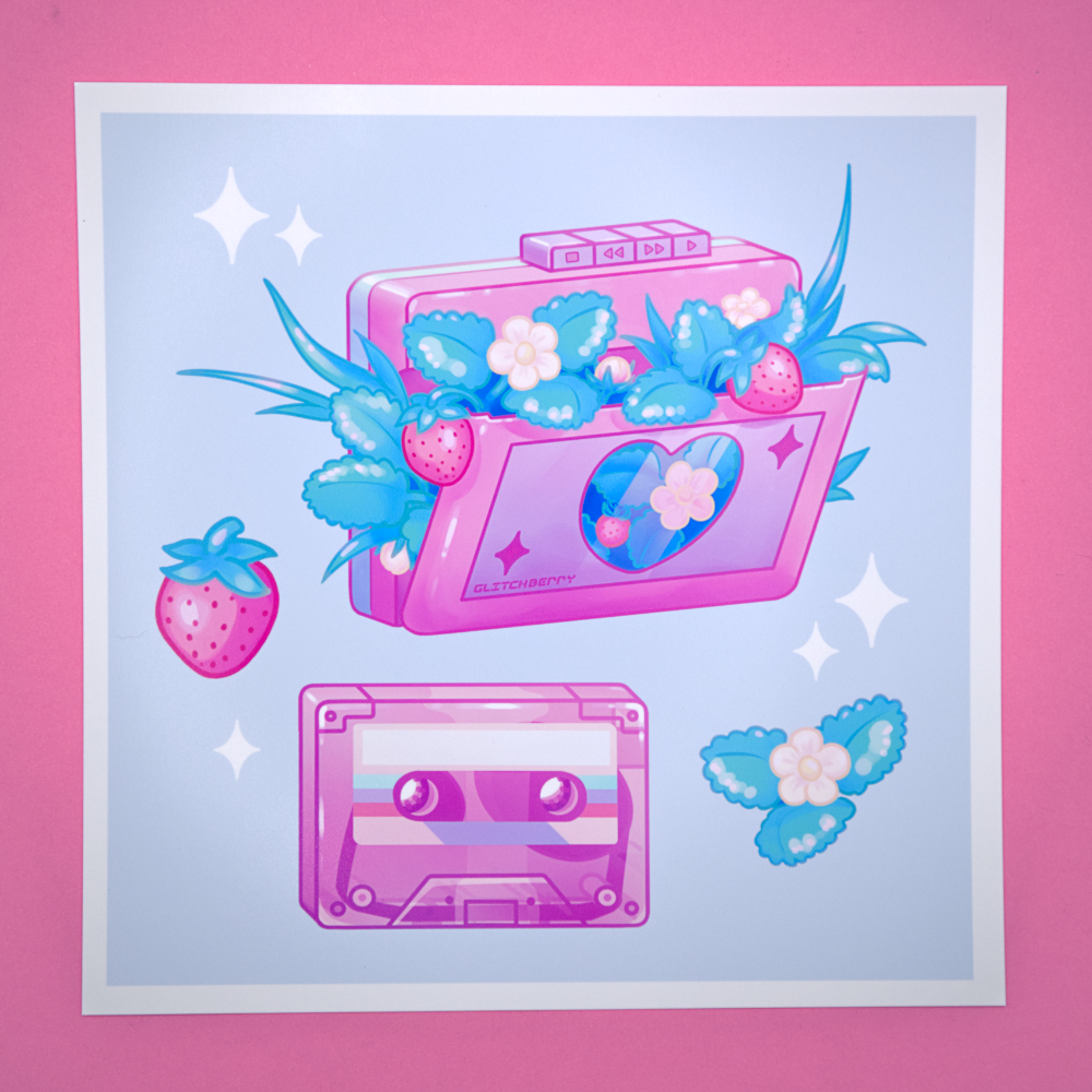 Strawberry Cassette 8x8" Art Print