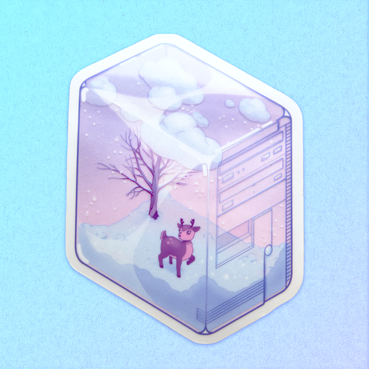 A die-cut sticker featuring a winter scene with a small deer, bare tree, and snow, inside of a translucent PC tower like a snow globe.  Sticker is shown on a light blue background.