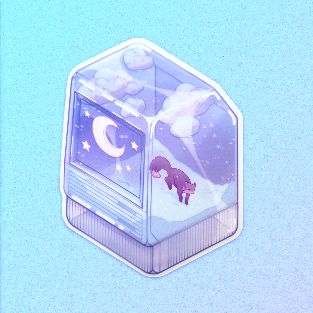 A die-cut sticker featuring a winter scene with a small fox, night sky, and snow, inside of a translucent PC tower like a snow globe.  Sticker is shown on a light blue background.