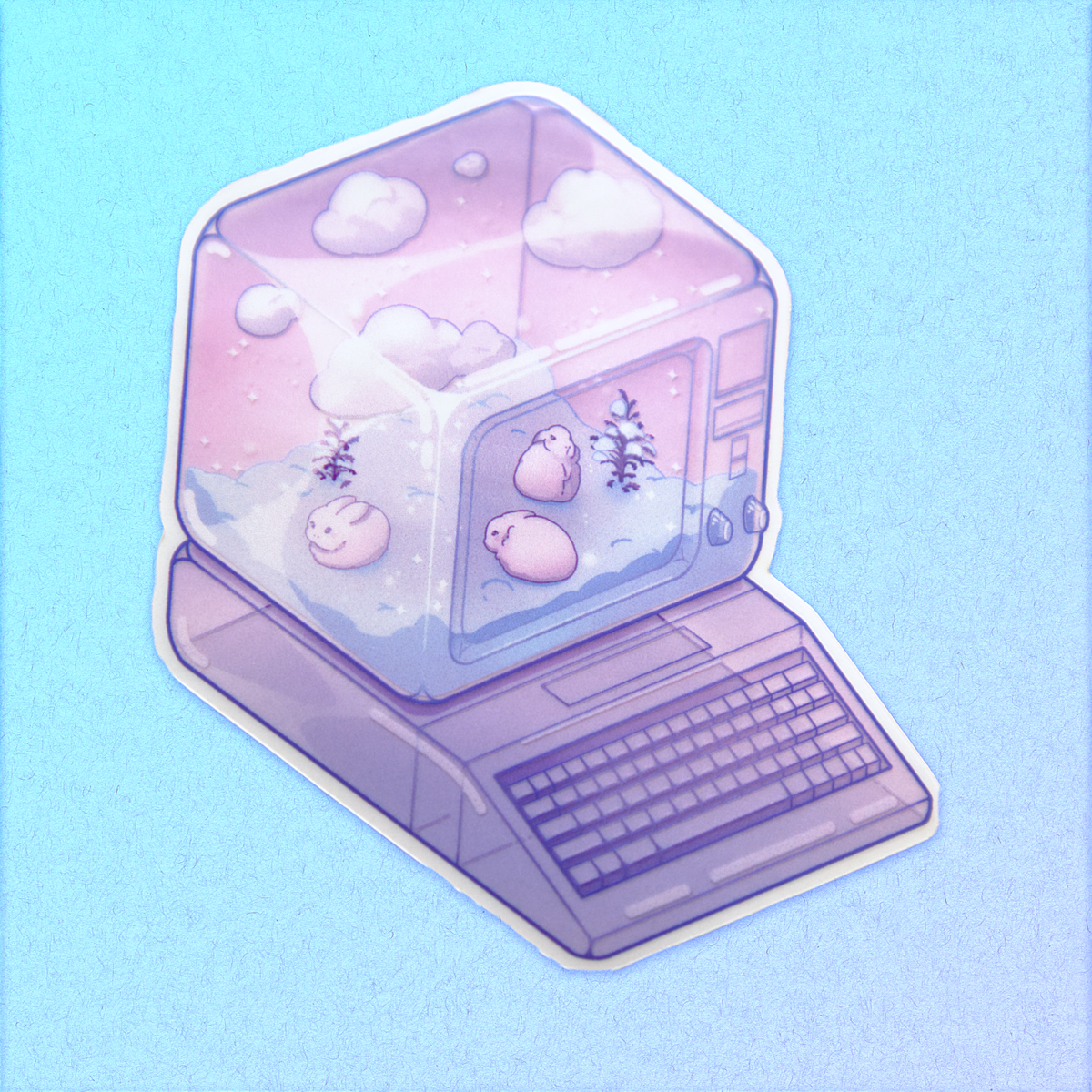A die-cut sticker featuring a winter scene with small rabbits, bare shrubs and snow, inside of a translucent PC tower like a snow globe.  Sticker is shown on a light blue background.