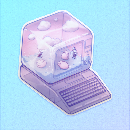 A die-cut sticker featuring a winter scene with small rabbits, bare shrubs and snow, inside of a translucent PC tower like a snow globe.  Sticker is shown on a light blue background.