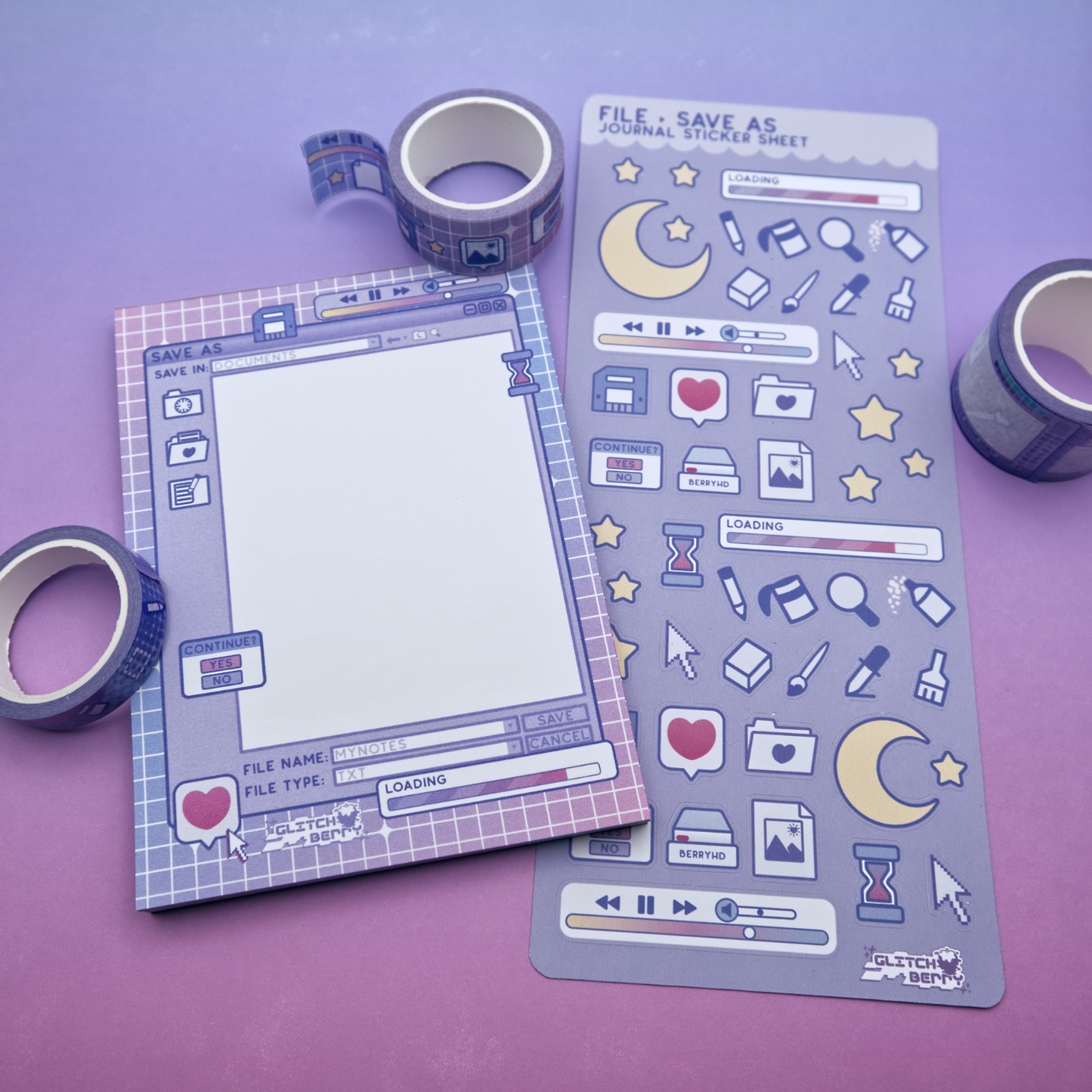 Sticker sheet with computer-themed design and matching tape and memo pad on a purple background