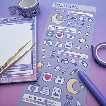 Sticker sheet with various computer icons on a purple background, with a pen and washi tape visible.