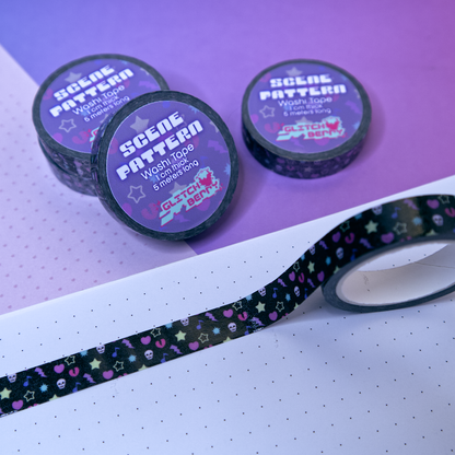 Three rolls of washi tape with a colorful emo-themed pattern on a purple and white background.