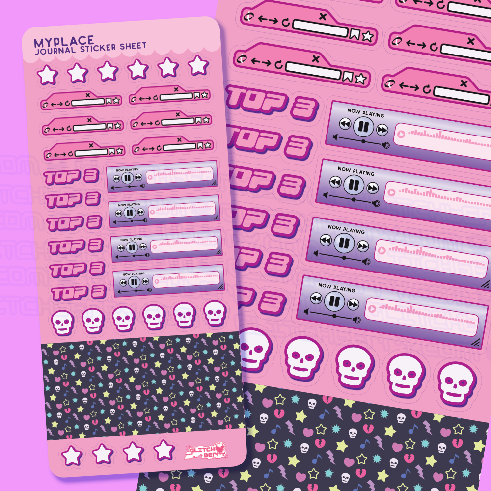 Two sticker sheets with various emo-themed designs including music player and skulls on a pink background.