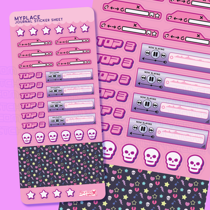 Two sticker sheets with various emo-themed designs including music player and skulls on a pink background.
