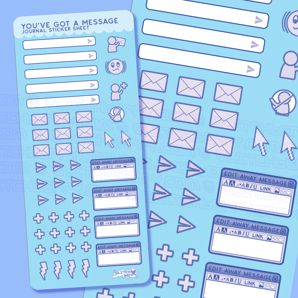 Two sticker sheets with communication icon designs on a blue background