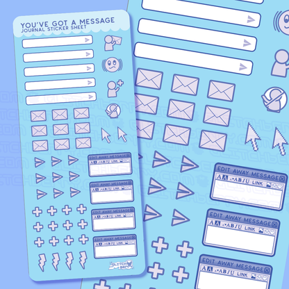Two sticker sheets with communication icon designs on a blue background